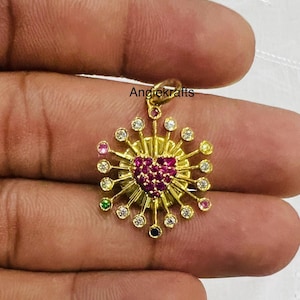 14k Solid Gold Heart Ruby Multi Sapphire Diamond Charm Pendant, Beautiful Heart Ruby Pendant, Ruby Heart Shape Necklace, Diamond Heart Charm