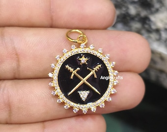 14k Solid Gold Beautiful Black Enamel Sword Star Charm Pendant, Sword Starburst Diamond Charm, Sword Charm Necklace, Sword Pendant Necklace
