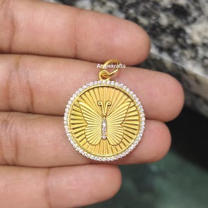 925 Silver Gold Diamond Butterfly Medallion Charm Pendant, Good Luck Charm Necklace, Designer Butterfly Charms Pendant, Handmade Jewelry