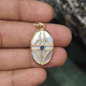 925 Silver Gold Oval Diamond Sapphire Mother Of Pearl Charm Pendant, Mother Of Pearl 14K Gold Pendant, Diamond Mother of Pearl Lucky Pendant