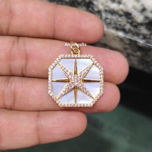 925 Silver Gold Diamond Mother Of Pearl Octagonal Compass Pendant, Gold Mother Of Pearl Starburst Charm, Starburst Compass Gemstone Pendant