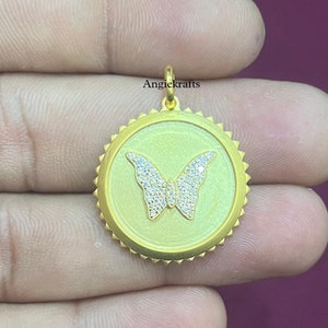14k Solid Gold Beautiful Disc Butterfly Diamond Charm Pendant, Good Luck Charm Necklace, Designer Butterfly Sunburst Charms Pendant, Gifts