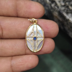 14k Yellow Gold Oval Diamond Sapphire Mother Of Pearl Charm Pendant, Mother Of Pearl 14K Gold Pendant, Diamond Mother of Pearl Lucky Pendant