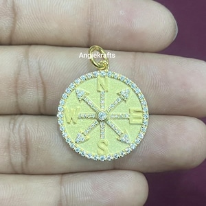 925 Silver Compass Diamond Charm Necklace. Gold Disc Compass Charm Pendant. Beautiful Compass Disc Diamond Charm. Handmade Pendant Jewelry