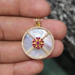 925 Silver Gold Mother Of Pearl Ruby Diamond Charm Pendant, Beautiful Diamond Mother Of Pearl Flower Pendant, Disc Diamond Ruby Mop Charm