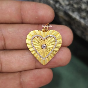 14k Solid Gold Starburst Heart Diamond Charm Pendant, 14k Gold Beautiful Fluted Heart Diamond Charm, Designer Starburst Heart Necklace, Gift