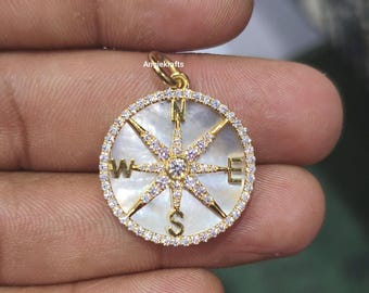 14k Solid Gold Beautiful Mother Of Pearl Compass Diamond Charm Pendant, Diamond Compass Malachite Charm, Pave Diamond Compass Pendant, Gift