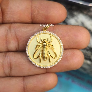 925 Silver Diamond Honey Bee Disc Necklace Charm, Beautiful Honey Bee Disc Diamond Charm, Handmade Charm Jewelry, Ancient Honey Bee Charm