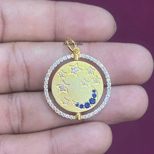 925 Silver Gold Diamond Sapphire Moon Stars Coin Pendant, Celestial Coin Pendant, Moon & Star Charm Pendant, Handmade Pendant Jewelry, Gifts