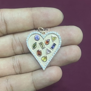 14k Solid Gold Designer Herz Multi Saphir Charm Anhänger, Multi Saphir Edelstein Herz Diamant Anhänger, 14k Diamant Herzform Halskette