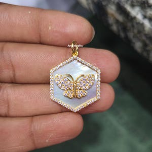 14k Solid Gold Mother Of Pearl Diamond Butterfly Medallion Charm Pendant, Good Luck Charm Necklace, Designer Butterfly Charms Pendant, Gift