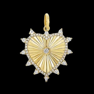 14k Solid Gold Starburst Heart Diamond Charm Pendant, 14k Gold Beautiful Starburst Heart Diamond Charm, Designer Starburst Heart Necklace