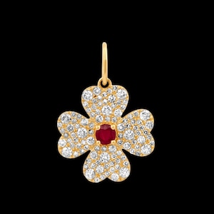 925 Silver Gold Diamond and Ruby Lucky Four Leaf Clover Charm Heart Pendant, Beautiful Heart Diamond Charm, Four Leaf Clover Diamond Charm
