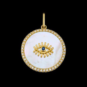 925 Silver Gold Designer Diamond Mother of pearl Medallion Pendant, Beautiful Evil Eye Charm Pendant, Diamond Mother of Pearl Luck Pendant
