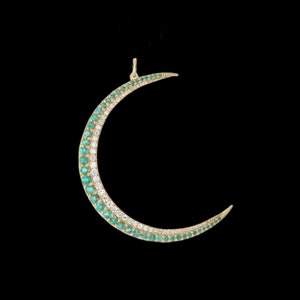 925 Silver Gold Emerald Diamond Crescent Moon Necklace, Crescent Ruby Moon Diamond Charm Pendant. Designer Moon Emerald Diamond Necklace