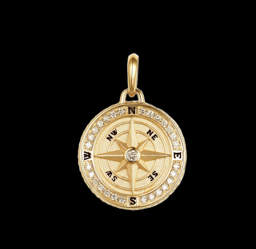 925 Silver Compass Diamond Charm Necklace. Gold Disc Compass Charm Pendant. Beautiful Compass Disc Diamond Charm. Handmade Pendant Jewelry
