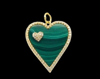 925 Silver Gold Malachite Heart diamond Charm Pendant. Designer Malachite Heart Charm Necklace. Personalized Heart Charm Necklace, Gifts