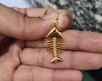 925 Silver Gold Fishbone Diamond Charm Pendant, Good Luck Pendant, Dainty Gold Fish Bone, Designer Fish Bone Pendant, Handmade Jewelry Charm