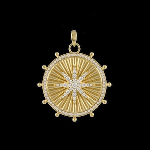925 Silver Designer Star Disc Fluted Diamond Pendant, Celestial Coin Pendant, Gold Beautiful Fluted Disc Pendant, Handmade Pendant Jewelry.