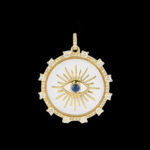 925 Silver Gold Designer Diamond Mother of pearl Medallion Pendant, Beautiful Evil Eye Charm Pendant, Diamond Mother of Pearl Luck Pendant