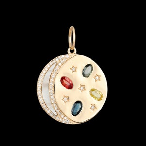 Collar con colgante de luna y estrella, zafiro, diamantes y nácar en plata 925, oro y múltiples diamantes, colgante de media luna, colgante de luna creciente con amuleto de luna creciente de MOP celestial