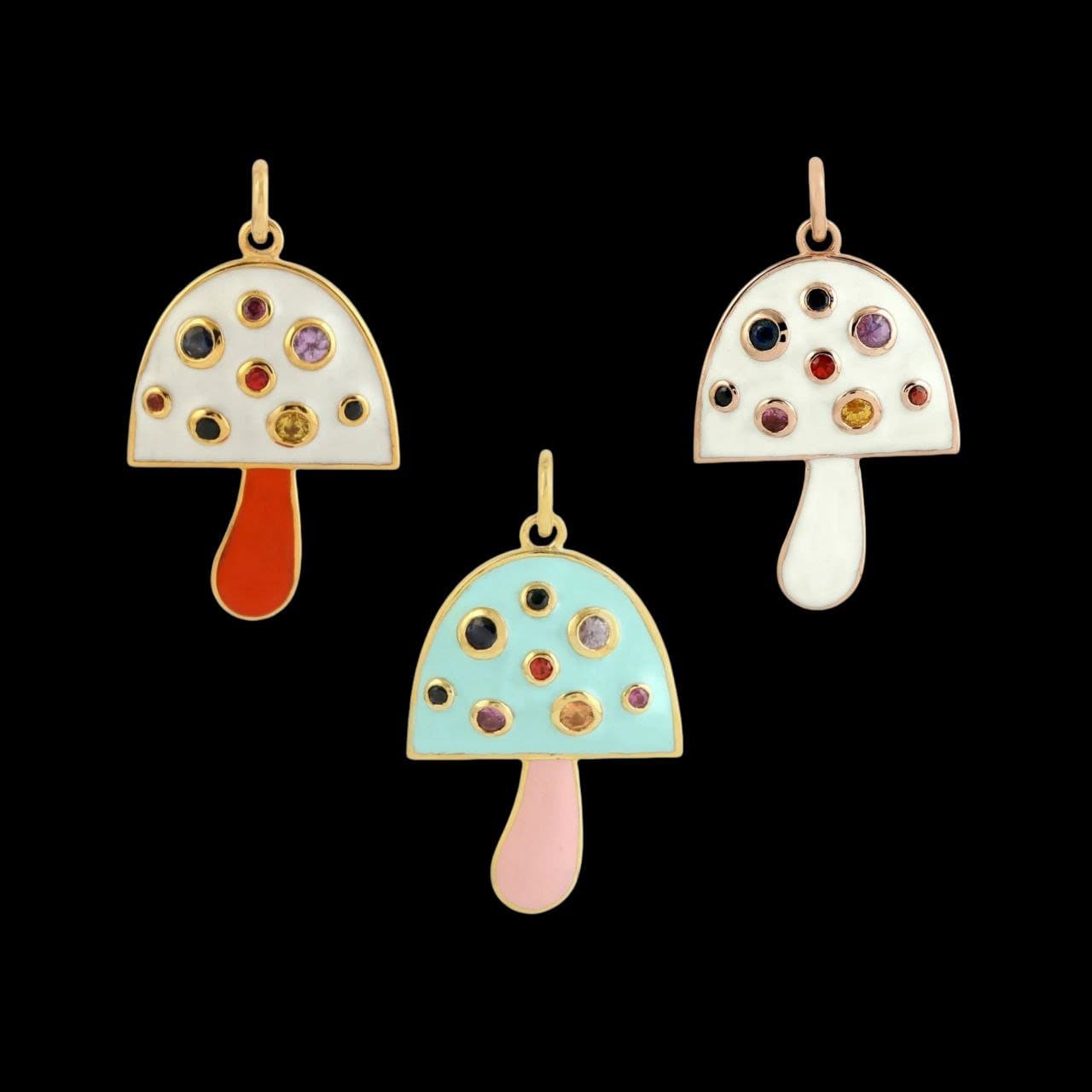 925 Silver Gold Sapphire Mushroom Necklace, Mushroom shape Enamel Pendant, Silver Mushroom Enamel Pendant, Valentine Gifts, Handmade Jewelry
