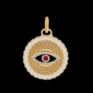 May include: Gold pendant charm with a white enamel background and a black and white eye with a red gemstone in the center. The eye is surrounded by a circle of small diamonds.
