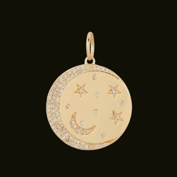 925 Silver Gold Diamond Moon Stars Coin Pendant. Celestial Coin Pendant. Moon & Star Pendant. Handmade Pendant Jewelry, Designer Necklace