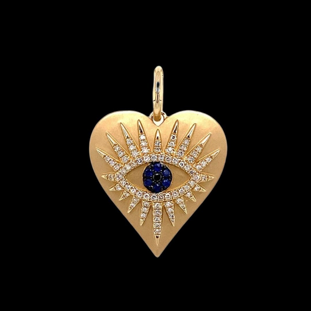 925 Silver Gold Gemstone Evil Eye Protection Heart Pendant. Sterling