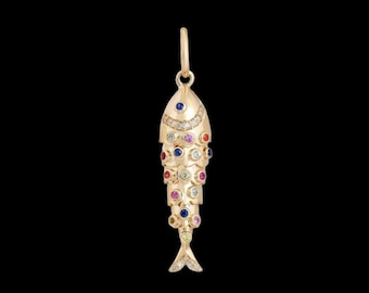 925 Silver Gold Fish Shape Multi Sapphire Pendant, Good Luck Pendant, Dainty Gold Fish, Diamond fish pendant necklace, Handmade Jewelry