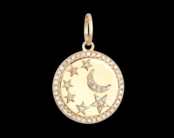 925 Silver Gold Diamond Moon Stars Coin Pendant, Celestial Coin Pendant, Beautiful Moon Star Charm Pendant, Handmade Pendant Jewelry, Gifts