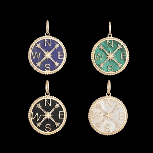 925 Silver Gold Compass Lapis Lazuli Black Onyx Malachite Diamond Pendant, Compass Mother Of Pearl Diamond Pendant, Compass Gemstone Pendant