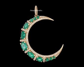 925 Silver Gold Emerald Diamond Crescent Moon Necklace, Celestial Pendant, Diamonds Half Moon Pendant, Designer Moon Emerald Diamond Charm