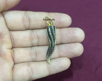 14k Solid Gold Italian Horn Cornicello Charm Pendant, Black Diamond Horn Charm, Italian Horn Necklace, Designer Italian Jewelry Protection