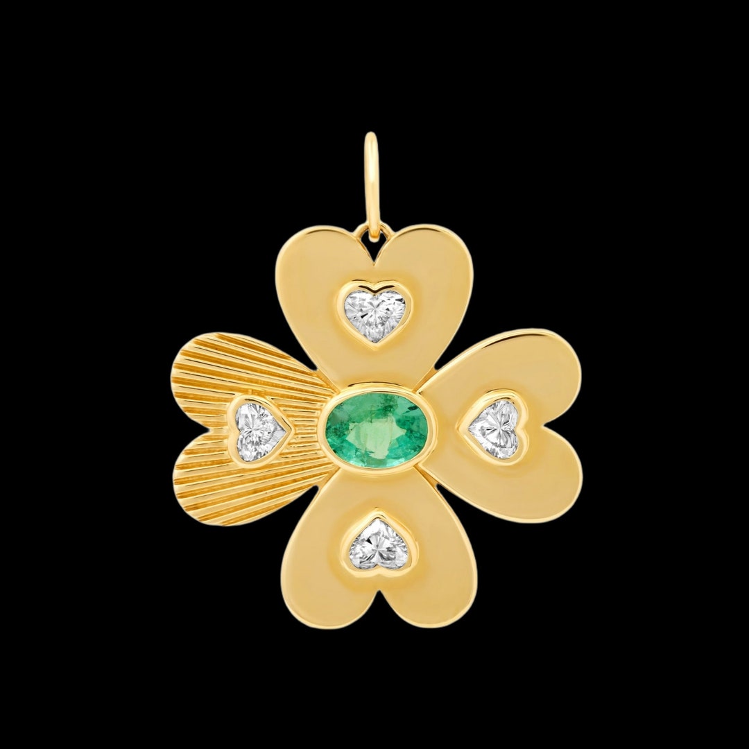 925 Silver Gold Luckiest Emerald & Diamond Heart Clover Pendant