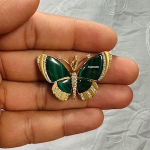 925 Silver Gold Diamond Malachite Butterfly Medallion Charm Pendant, Designer Butterfly Charms Pendant, Gemstone Butterfly Charm Pendant