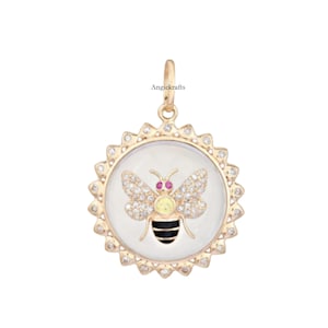 925 Silver Gold Honeycomb Bee Mother of Pearl Diamond Pendant, Beautiful Enamel Bee Diamond Necklace, Gold Pave Diamond Honey Bee Pendant