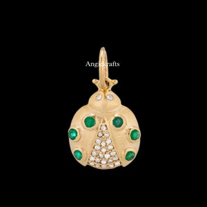 14k Solid Gold Emerald and Diamond Ladybug Charm Pendant, Diamond Beetle Emerald Charm Necklace, 14k Gold Ladybug Diamond Necklace for Her