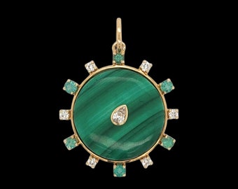 925 Silver Gold Designer Diamond Emerald Malachite Dome Charm, Emerald Baguette, Beautiful Fluted Disc Pendant, Handmade Pendant Jewelry