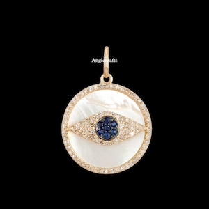 925 Silver Gold Evil Eye Diamond Sapphire Mother Of Pearl Charm Pendant, Evil Eye Gold Charm Pendant, Diamond Mother of Pearl Luck Pendant