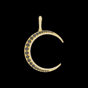 925 Silver Gold Diamond Crescent Moon Necklace, Crescent Moon Diamond Charm Pendant. Designer Moon Black Diamond Necklace, Handmade Jewelry