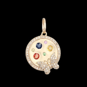 925 Silver Gold Multi Diamond Butterfly Medallion Pendant, Good Luck Charm Necklace, Designer Butterfly Disc Diamond Charm, Handmade Pendant