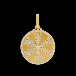 May include: A gold-colored pendant with a snowflake design. The pendant features a circular shape with a textured surface. The snowflake is outlined with small, sparkling diamonds, and the outer edge is also lined with diamonds.