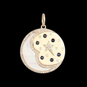 Collar con dije de luna y estrella de zafiro, diamante, nácar y oro de plata 925, colgante de media luna, colgante de media luna con dije de luna celestial