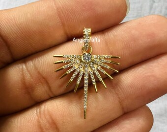 14k massivt guld designer Starburst diamantberlock-hänge, Celestial halsband, Sunbeam Charm för kvinnor, Starburst formad diamantberlock-hänge