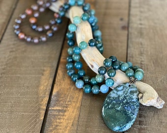 Rooted In Love: Moss Agate Mala Necklace, Ebony Wood, Rosewood, Vegan Cord