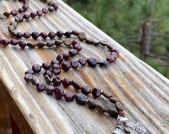 Earth Above, Stars Below- Campo Del Cielo Meteorite, Garnet, Bronzite, Hand Knotted Mala Necklace