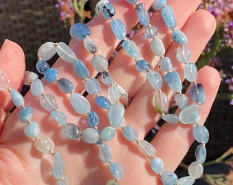 Aquamarine with Biotite Hand Knotted Necklace, Infinity Necklace, Mala