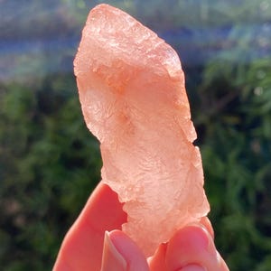 May include: A translucent, light pink crystal held in a hand. The crystal has a rough, textured surface and an irregular shape. The background is blurred, with green foliage visible.