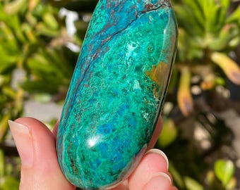Vibrant Chrysocolla Palm Stone, soothing green and blue ocean waves
